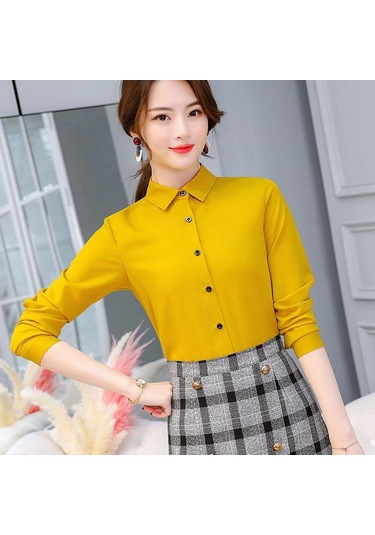 Sarı İlkbahar Ve Yaz Kadın Gömlek İnce Çok Yönlü Büyük Metre Dip Moda Günlük Uzun Kollu Gömlek Sarı