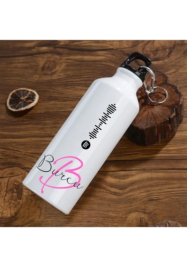 Kişiye Özel Spotify Tasarımlı Kancalı Alüminyum Beyaz Su Matarası - 600mlt