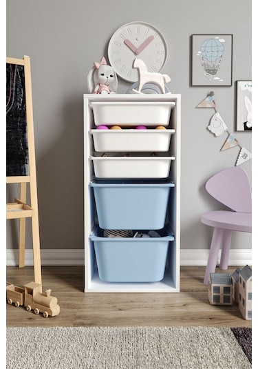 %100 Mdf - Medium Mono 5 Sepetli Oyuncak Dolabı Mavi