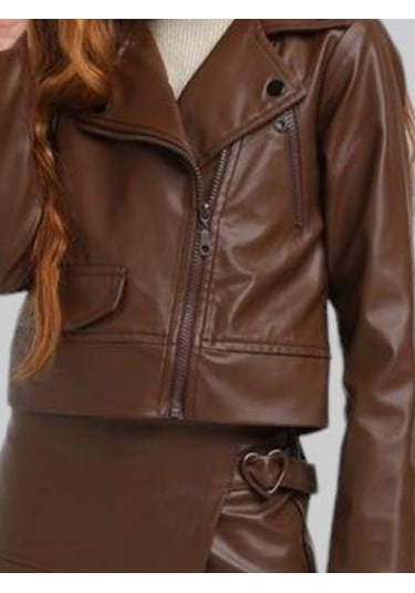 Kız Çocuk Fermuar Detaylı Deri Ceket-13666 Kahverengi