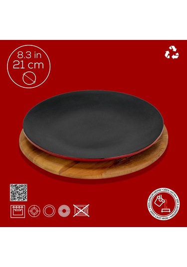 Lava Döküm Yuvarlak Servis Tabağı Ve Kayın Servis Ahşabı. Çap Ø 21cm.-bordo Bordo