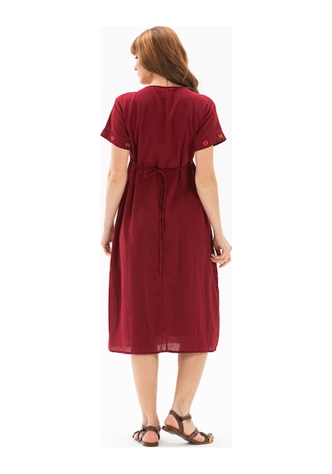 Kısa Kol Şile Bezi Melek Midi Boy Elbise Bordo Brd