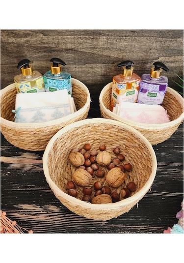 Nergis Hasır 3 Lü Sepet Saklama Kutusu Sepet Takımı Krem