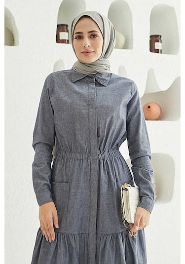 6581-bel Lastikli Düğmeli Elbise Koyu Mavi
