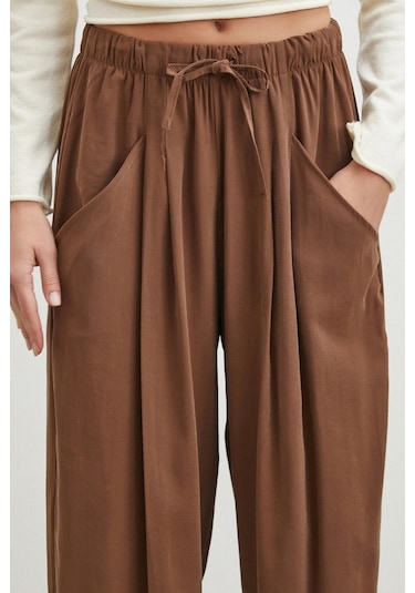 Never More Bağcıklı Beli Lastikli Pileli Pantolon Kahve Kahve