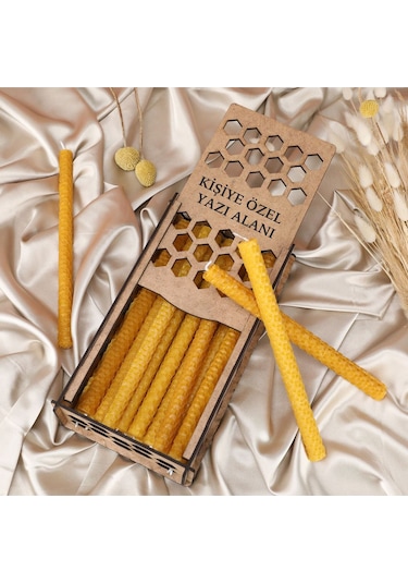 Doğal Balmumu Mum Seti 20 Li 21cm X 1 Cm Kişiye Özel Ahşap Kutulu - %100 Doğal