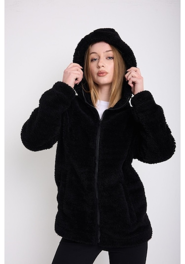 Kadın Siyah Peluş Rüzgar Geçirmez Welsoft Çift Cepli Kapüşonlu Kışlık Mont Siyah