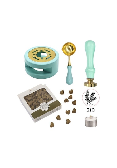 Davetiye Mum Mühürü Uygulama Seti Su Yeşili Renk 310 Botanik Desen