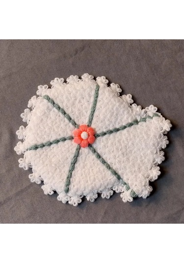 Uretti - Kenan 2196 - 8739 El Örgüsü Pembe Çiçek Motifli Beyaz 3'lü Lif Seti