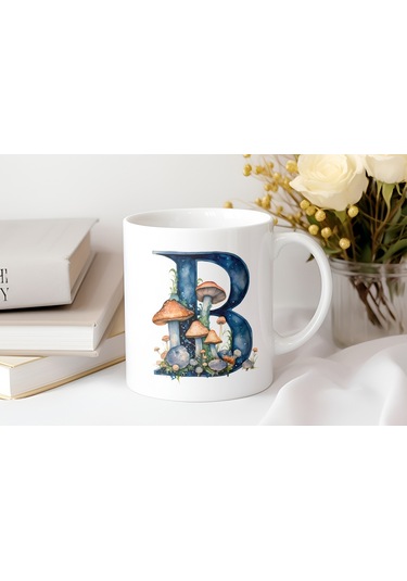 B Baş Harfi Fantastik Mantarlı Kupa Bardak - Kişiye Özel Masalsı Bardak - Hediye Beyaz