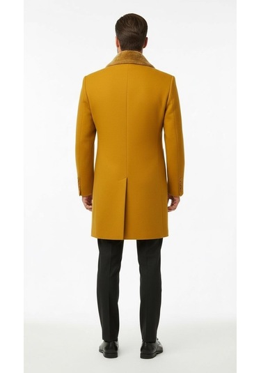 Plus Scorpion Erkek Uzun Kaşe Kaban Çıkartılabilir Kürk Yaka, Astarlı Ve Cepli Slim Fit Mont Hardal Sarısı