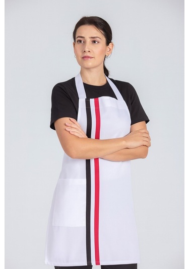 Kadın Boyundan Asmalı Çizgili Barista Şef Mutfak Önlüğü 60x85 Cm Beyaz