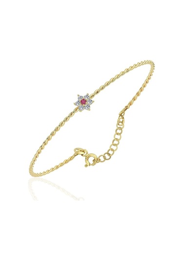 Altın Bilezik - Ortası Yakut Taşlı Çiçek 14 Ayar Altın Bilezik Sarı