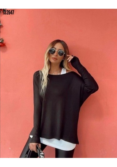 Tua Moda Kadın Uzun Kollu Tek Omuzdan Açık Çilek Bluz Ve Viskon Atlet Ikili Takım Siyah