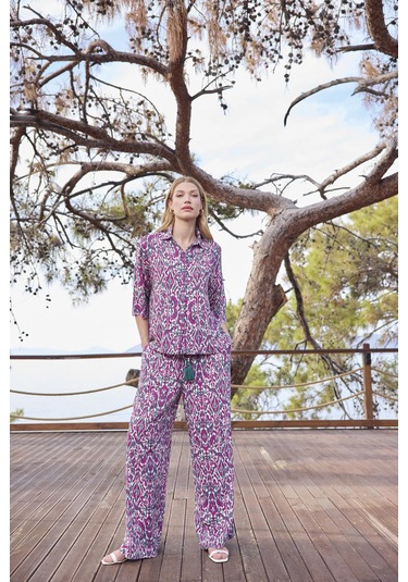 Monamise Kadın Desenli Önü Düğmeli Gömlek Yaka Alt Üst Takım 25017 Yeşil