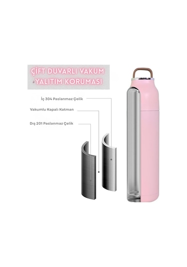 Paslanmaz Çelik Bardak Kapaklı, Tutacaklı, Mat Gövdeli Termos 400 Ml Pembe