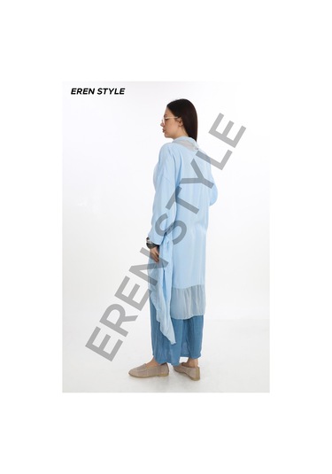 Italyan Ipek Detaylı Oversize Kaftan & Bluz-8711 Bebe Mavi