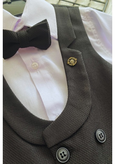 Katlama Detay Yelekli Rozetli Çocuk Takım Elbise Siyah