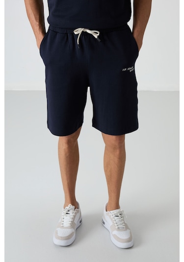 Lacivert Pamuklu Kalın Yumuşak Dokulu Oversize Fit Nakışlı Erkek Şort Takım - 85250