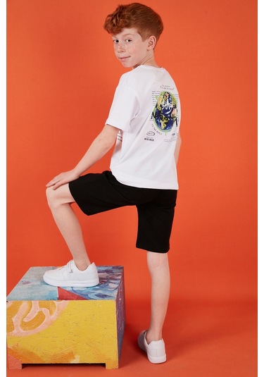 Lela Pamuklu Baskılı Bisiklet Yaka Kısa Kollu Şortlu Erkek Çocuk Takım 6212010 Beyaz