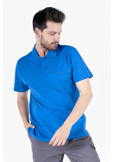 T-shirt %100 Pamuk Polo Yaka Fleto Cepli %100 Pamuk Saks Mavi