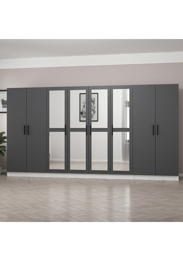 Minar Kale 8 Kapaklı 4 Aynalı 2 Çekmeceli Dolap Beyaz Antrasit 210cm Çok Renkli