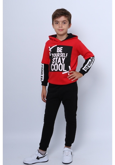 Erkek Çocuk 3 İplik Eşofman Takımı Baskılı Kapşonlu D32 Kırmızı