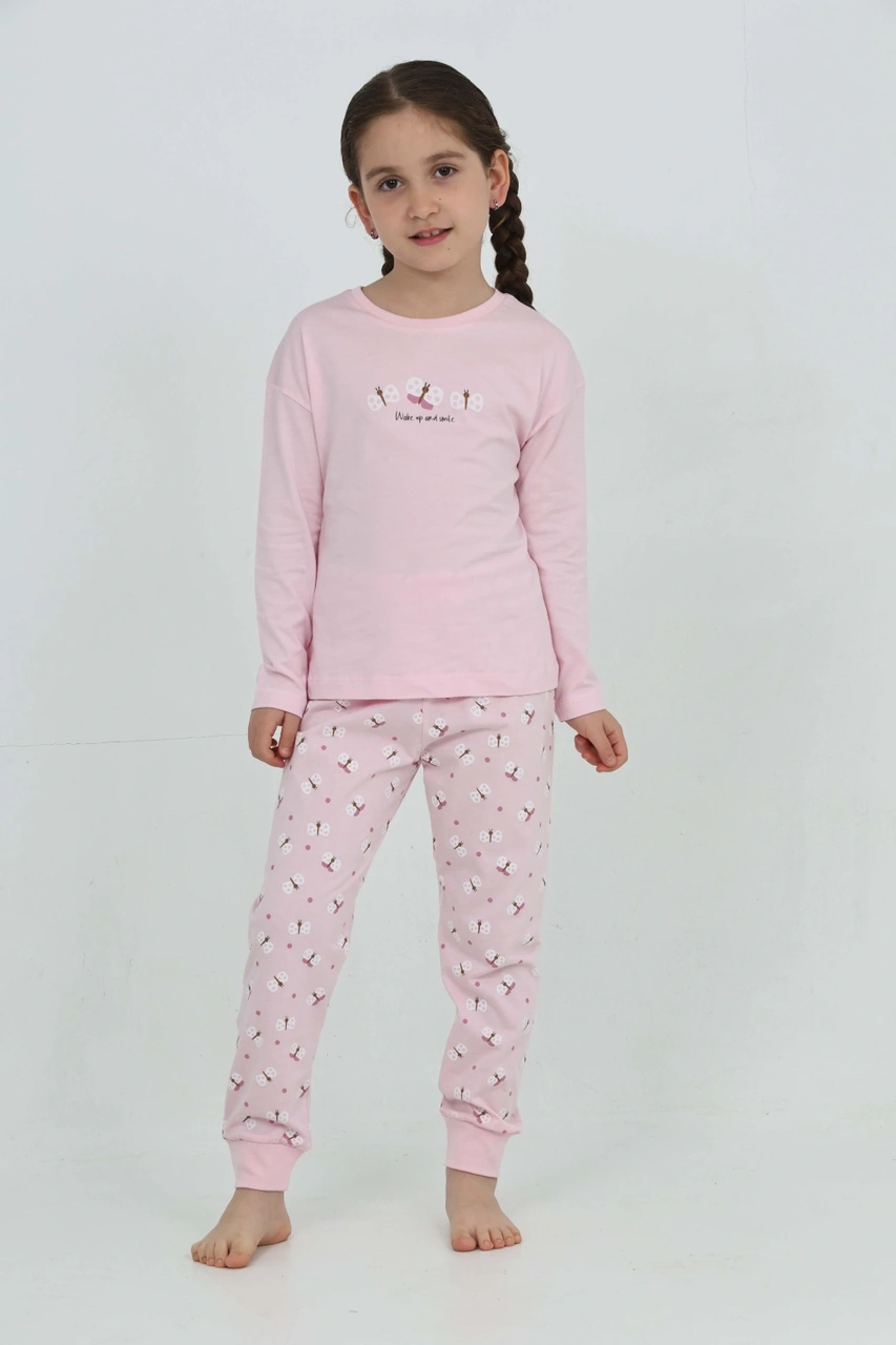 Toontoy Kız Çocuk Kelebek Baskılı Pijama Takım Açık Pembe