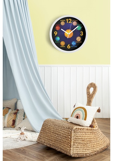 Güneş Ve Gezegenler Modern Tasarım Duvar Saati - 25cm - Önü Camlı Beyaz Kasa - Sessiz Mekanizma-jh0735 Beyaz