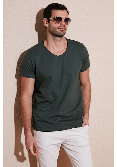 Buratti Pamuklu Slim Fit V Yaka Basic Erkek T Shirt 5412001 Haki