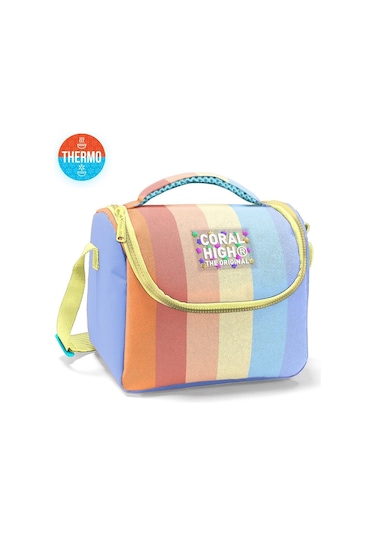 Coral High İlkokul Kız Çocuk Okul Beslenme Çantası, Turuncu Sarı Mavi Renkli Çizgili, Termoslu Isı Yalıtımlı Turuncu - Sarı - Mavi