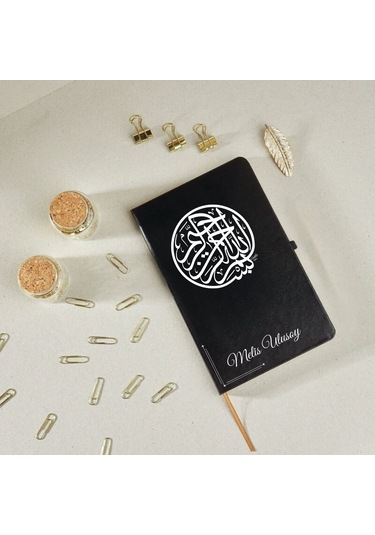 Kişiye Özel Besmele Hat Yazılı Deri Kapak Hediyelik Defter Siyah