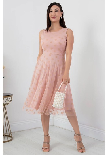 Sifir Kol Yuvarlak Abiye Elbise Pudra