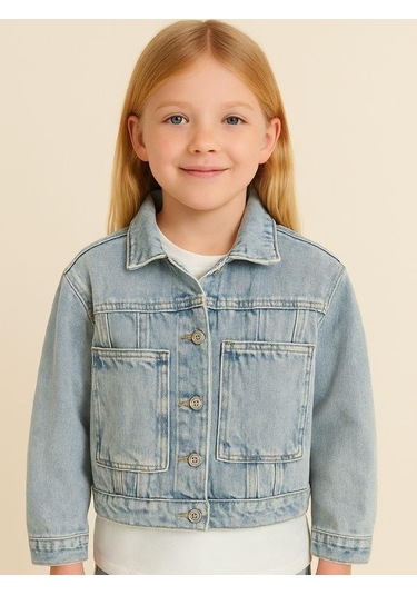 Kız Çocuk Yandan Kanguru Cepli Kot Ceket-16066 Mavi