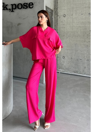 Kadın Fuşya Yarasa Kol Sahte Cep Bürümcük Alt Üst Palazzo Takım Fuşya