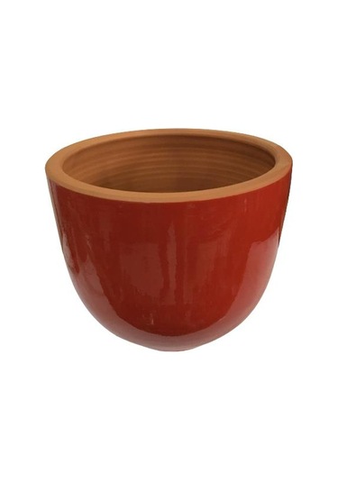 Kırmızı Renk Sırlı , El Yapımı Tombul Toprak Saksı 30 27 Cm