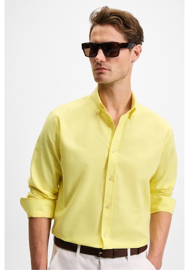 Lasse Erkek Gömlek Yaka Manşetli Uzun Kollu Regular Fit Keten Karışımlı Sarı Gömlek