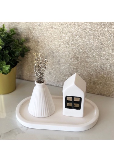 Thiramis Homeconcept Beyaz Tepsimini Vazo & Siyah Detay Ev Mumluk 3'lü Set