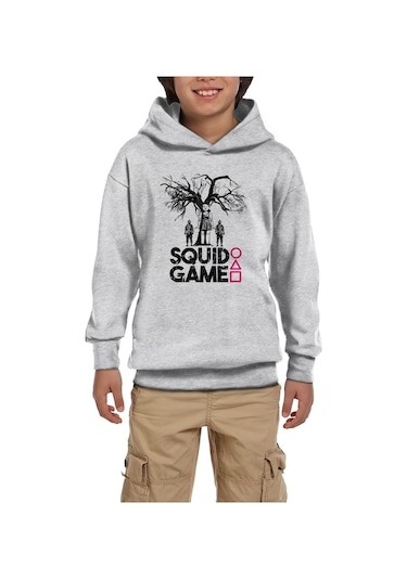 Squid Game Doll Bebek Gri Çocuk Kapşonlu Sweatshirt Gri