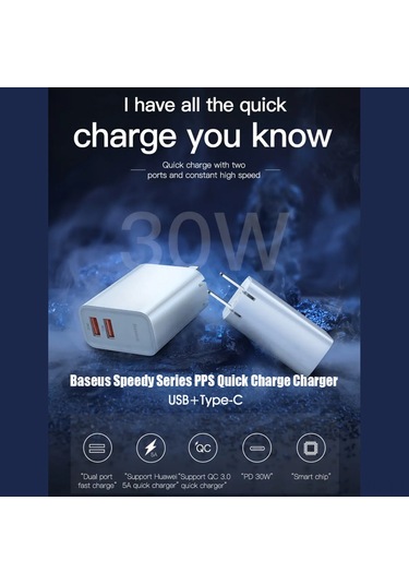 Xiyyadms Baseus 30w Hızlı Şarj Cihazı, Usb+type-c Çift Port, Pd3.0/qc3.0 Desteği, 100-240v, Katlanabilir Şarj Aleti, Siyah