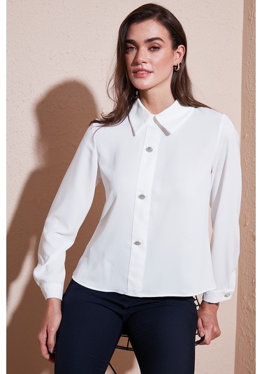 Lela Taşlı Regular Fit Gömlek Yaka Fermuarlı Bayan Bluz 611Bz0493 Ekru