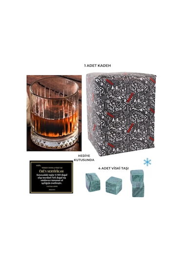 330 Cc Italy Serisi Büyük Kadeh Viski Bardağı 4 Adet Viski Taşı Hediyeli Beyaz