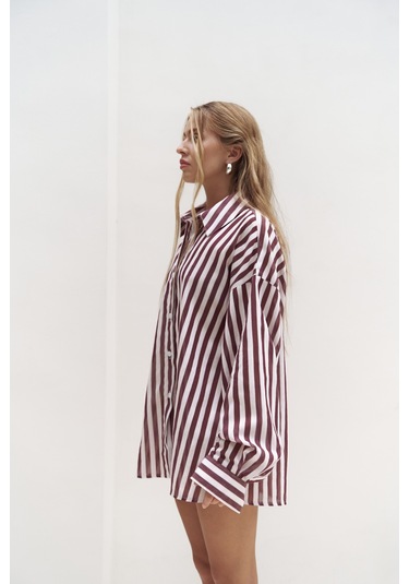 Rosy Transparan Çizgili Bordo Oversize Gömlek bordo