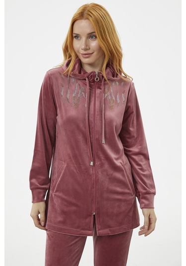 Tam Fermuarlı Kadife Taşlı Eşofman Takım - Gül Kurusu 001