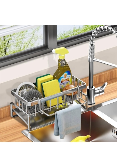 Maiyame Paslanmaz Çelik Mutfak Tezgahı Organizatörü - Otomatik Drenajlı & Havlu Askılı 112 Karakter Gümüş