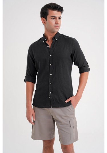 Comfort Fit Düğme Yaka Katlanır Kol %100 Keten Düz Siyah Gömlek G 1595 Siyah