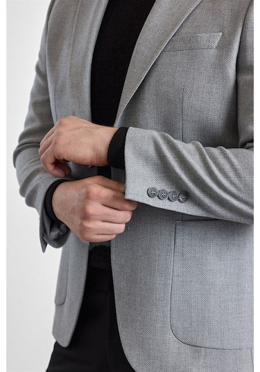 Süvari Gri Slim Mono Yaka Torba Cep 6 Drop Klasik Ceket Ct2021600416-s05