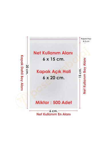 6x15+5 Cm. 6x20 500 Adet Şeffaf Bantlı Yapışkanlı Opp Poşet