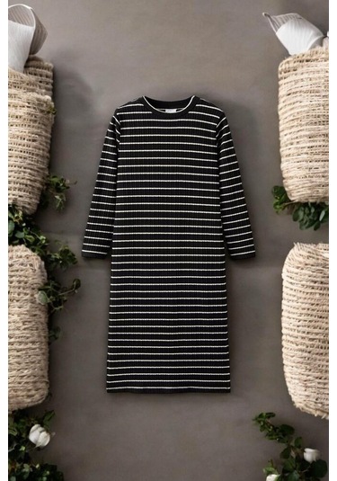 Çizgili Kız Çocuk Uzun Elbise Siyah