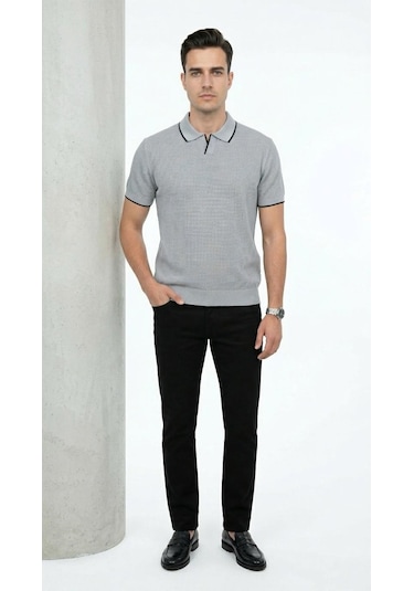 Plus Scorpion Erkek Pike Dokulu Triko Polo Yaka Tişört Slim Fit Şerit Detaylı Yazlık Model Gri